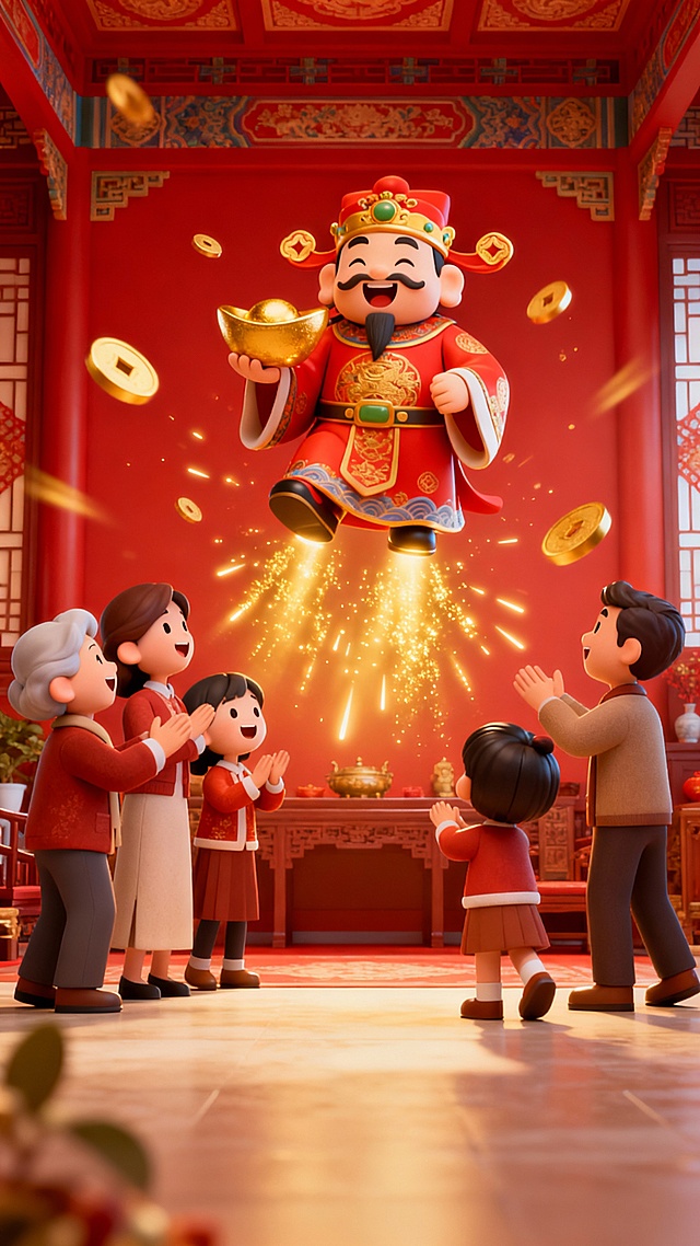 参考图片中的风格样式，制作从除夕到初七，共8张中国春节年俗海报（参考图的那张也要重新制作一张），海报中不需要民俗的具体文字，后期我会自己添加；场景根据年俗的不同而变化、每张海报的具体生成的民俗内容为：除夕：除夕守岁、初一：拜年贺岁、初二：回娘家、初三：烧门神纸、初四：迎灶神、初五：迎财神、初六：送穷神、初七：庆人日。海报尺寸为1242×2208，下方四分之一尽量没有主体内容，留白即可