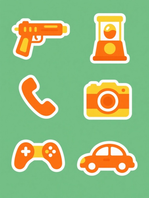 一套6张的系列素材集合，每张素材均为规整排布的单一橙色系元素图案，元素分别为水枪、电话、扭蛋机、相机、游戏机手柄、小汽车，整体造型简约现代，采用纯色背景，无任何文字，无logo，无水印。设计风格为扁平化卡通，线条圆润流畅，色彩以橙色为主色调，搭配黄色作为辅助色，局部细节用白色线条勾勒突出轮廓，整体视觉效果清新明快，充满童趣与活力，符合现代简约的设计美学。预览效果