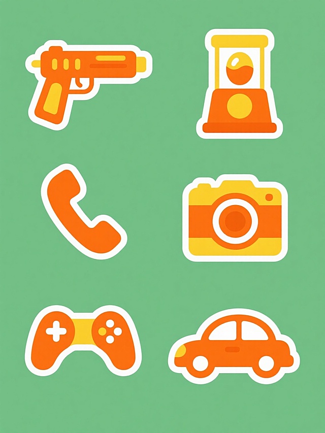 一套6张的系列素材集合，每张素材均为规整排布的单一橙色系元素图案，元素分别为水枪、电话、扭蛋机、相机、游戏机手柄、小汽车，整体造型简约现代，采用纯色背景，无任何文字，无logo，无水印。设计风格为扁平化卡通，线条圆润流畅，色彩以橙色为主色调，搭配黄色作为辅助色，局部细节用白色线条勾勒突出轮廓，整体视觉效果清新明快，充满童趣与活力，符合现代简约的设计美学。
