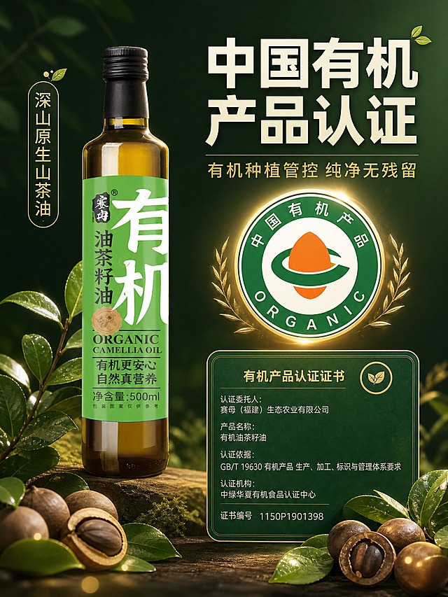 [主图-4] 有机油茶籽油 有机认证主图 展示中国有机产品认证的权威性与可信度。
[统一基调] 整体风格为自然原生粮油食品风，背景主色为深森林绿渐变至浅橄榄绿，点缀暖金色光斑与油茶籽元素；标题字色为米白色粗黑体，副标题为浅金色，辅助小字为米白细黑体；强调色为暖金色；字体样式为现代无衬线粗体标题 + 细黑体正文；卡片与图标采用圆角浅金描边、半透明深绿底样式。
[画面] 产品瓶身位于画面左侧，占画面约45%，瓶身正面朝向观众略向右倾斜；画面右侧中央放置一枚醒目的有机认证徽章图标——圆形设计，内有有机认证标识样式，浅金色描边，深绿底配白色文字，徽章周围有柔和光晕；徽章下方有一张简约的证书样式卡片，半透明质感；背景为纯净的深绿色渐变，有细微的叶片纹理；画面底部有少量油茶籽与油茶叶装饰；整体传递权威可信、纯净安全的感觉。
[光影质感] 柔和均匀的影棚光，主光从正上方打下，瓶身有均匀高光与真实玻璃反光；认证徽章有金属质感光泽，边缘清晰；商业摄影级质感，干净正式有信任感。
[配色] 主背景深绿渐变，标题米白，认证徽章浅金与深绿，产品金黄油体与绿色标签形成视觉平衡。
[文字版式] 画面上方居中偏右位置放置标题"中国有机产品认证"，大号粗黑体；标题下方小字"有机种植管控 纯净无残留"，中号细黑体；证书卡片上标注"证书编号 1150P1901398"，小号细黑体；左侧瓶身边缘竖向放置小标签"深山原生山茶油"；文字清晰不遮挡产品主体。
[输出要求] 比例3:4，文字清晰锐利无错字，产品清晰不变形，认证标识清晰；禁止出现水印、平台Logo、虚假认证标识、变形瓶身、错字漏字。