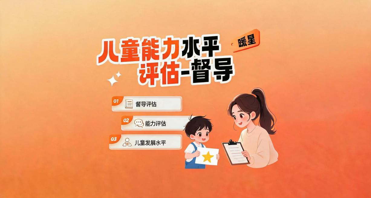 保持文案、布局、文字颜色和右上角暖星不变，重新生成一张视觉上不同的督导女老师评估儿童能力的互动场景图，保持风格统一，比例不变。预览效果