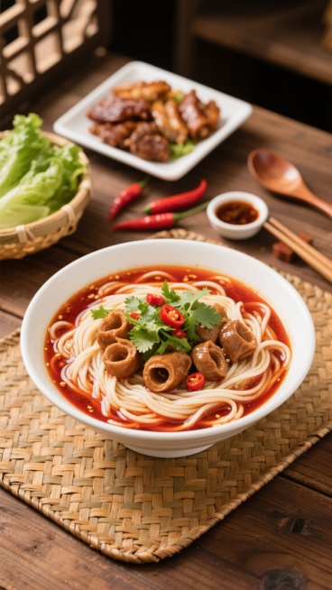 木质餐桌上铺着竹编餐垫，一碗红油飘香的肥肠面置于中央，面条洁白劲道，肥肠软糯油亮，点缀翠绿香菜与鲜红辣椒，汤汁红亮诱人。背景中，白色方盘盛放卤味拼盘，新鲜生菜置于竹篮，旁边摆放红辣椒、小碗蘸料、筷子和汤勺，整体色调温暖，光线柔和，营造出浓郁的中式美食氛围，充满家常烟火气与食欲感。预览效果