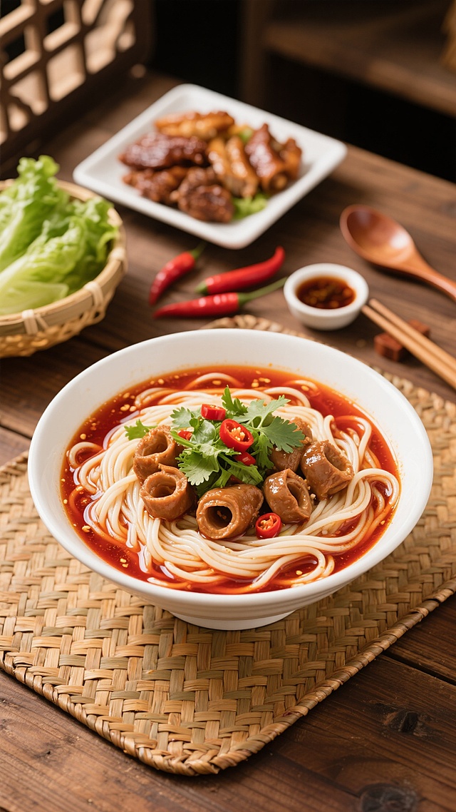 木质餐桌上铺着竹编餐垫，一碗红油飘香的肥肠面置于中央，面条洁白劲道，肥肠软糯油亮，点缀翠绿香菜与鲜红辣椒，汤汁红亮诱人。背景中，白色方盘盛放卤味拼盘，新鲜生菜置于竹篮，旁边摆放红辣椒、小碗蘸料、筷子和汤勺，整体色调温暖，光线柔和，营造出浓郁的中式美食氛围，充满家常烟火气与食欲感。