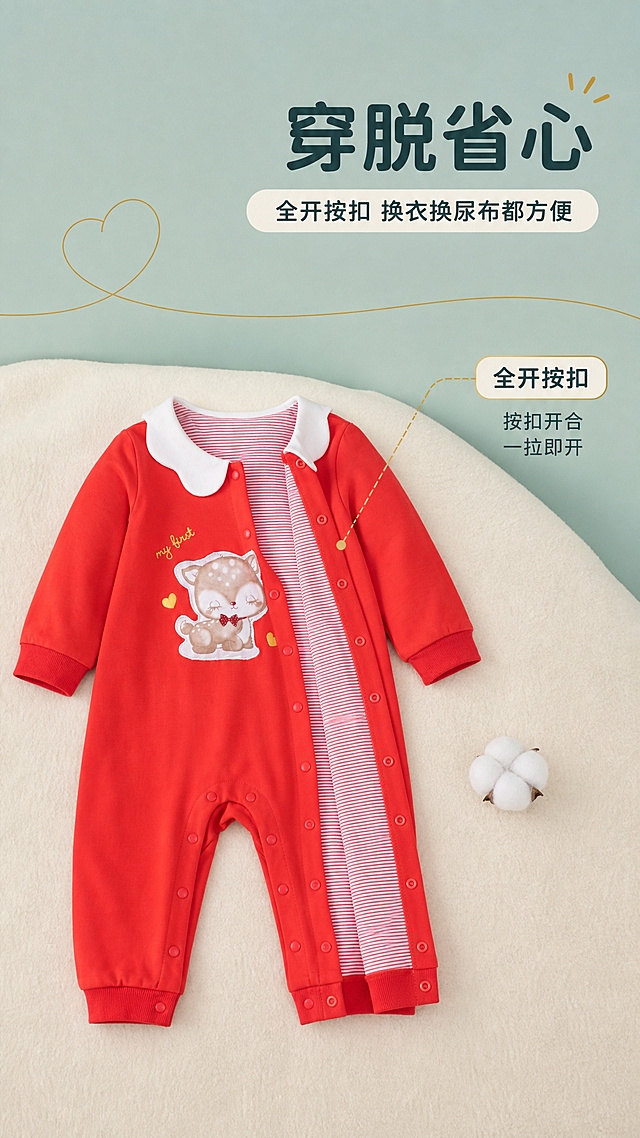 [主图-2] 功能图，突出全开按扣穿脱方便。本张使用【图1】作为产品主体。
[统一基调] 简约儿童房室内风，全套锁色：红色爬服+白色娃娃领为主商品色，雾蓝绿背景，奶油白辅助，深墨蓝绿主标题，浅金细线点缀；圆润黑体字体；文字统一锁右上区域；9:16竖版。
[画面] 红色长袖连体爬服正面平铺于奶油白浅色绒布台面，领口至裆部按扣排完全打开露出完整开襟结构，按扣排以浅金细线引出一条标注线指向「全开按扣」标签；爬服占比约70%，位于画面中央偏左；背景为雾蓝绿墙面，台面边缘放一枚白色棉花小道具与浅金细线条装饰；产品颜色、娃娃领、小鹿贴布绣、按扣与参考图完全一致。
[光影质感] 顶部柔和均匀柔光，纯棉面料与按扣光泽清晰，投影细腻真实，商业摄影质感。
[配色] 雾蓝绿背景，奶油白台面，红色爬服为主视觉，深墨蓝绿文字，浅金引线点缀，全套不超过6种颜色。
[文字版式] 右上区域深墨蓝绿圆润黑体主标题「穿脱省心」，其下奶油白胶囊标签「全开按扣 换衣换尿布都方便」，浅金引线末端标注「按扣开合 一拉即开」；文字清晰，不遮挡产品主体。
[输出要求] 9:16竖版比例，2K分辨率，文字清晰，产品清晰无变形，无平台Logo，无水印。