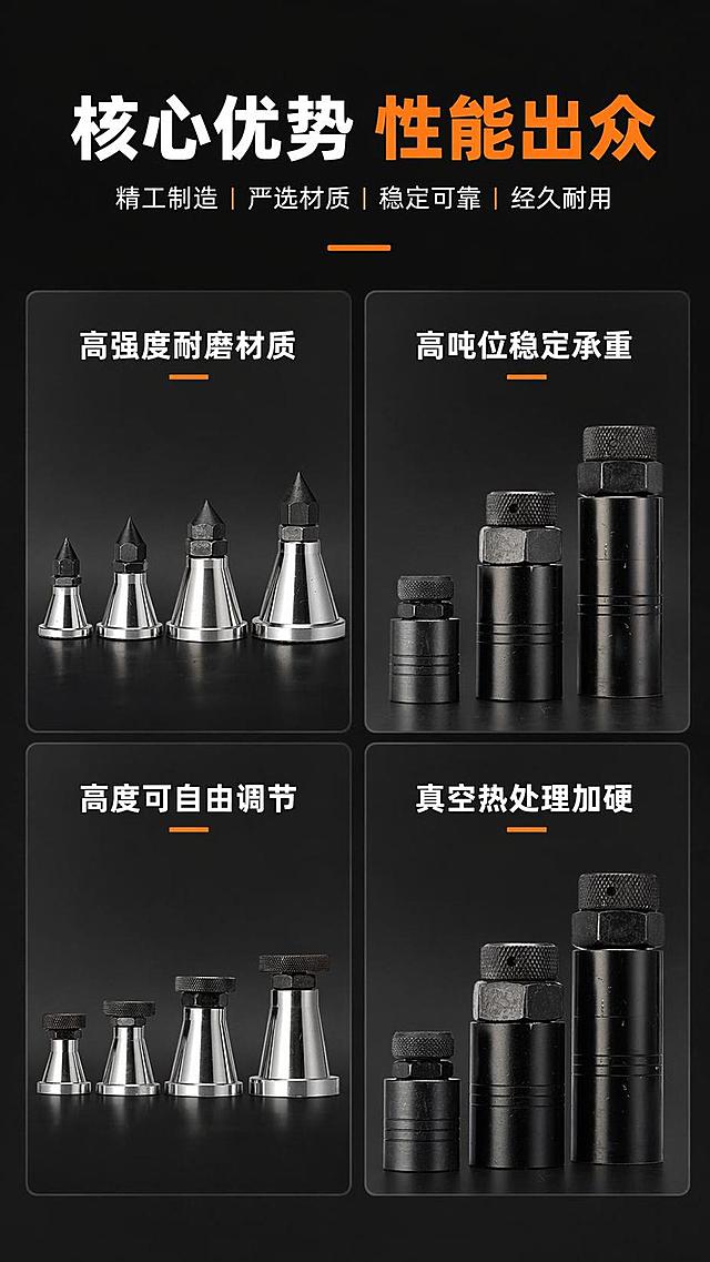 [第2屏] 核心卖点总览，模具千斤顶核心优势四宫格展示。参考参考图的深色四宫格版式设计。本屏使用用户提供的三张产品图分别做细节展示。
[氛围/风格] 专业工业风，深色高对比，清晰信息层级，商业设计质感。
[元素布局] 顶部预留主副标题区域，下方排列2行2列四宫格，每个宫格展示一个核心卖点，每个宫格放置对应产品细节图；页面信息清晰，间距均匀，产品细节结构与输入图一致。
[光影质感] 整体均匀打光，文字清晰，产品细节保留金属光泽，明暗对比适中，四宫格分隔清晰。
[配色色系] 全局底色#1a1a1a深黑；主色白色文字+黑色区块；辅助色橙色作为卖点高亮点缀。
[视角构图] 正面排版式，从上到下为标题区→四宫格卖点区，阅读动线清晰。
[文字版式] 顶部主标题「核心优势 性能出众」，四个卖点分别为：高强度耐磨材质，高吨位稳定承重，高度可自由调节，真空热处理加硬。每个宫格上方写4字卖点标题，下方放置产品细节图，文字清晰，不遮挡图片。
[比例分辨率] 9:16竖版比例，4K分辨率，文字清晰可辨，高清画质。
[负向提示词] 产品变形，缺件错件，颜色偏差，文字错乱，水印，背景杂乱，产品图模糊