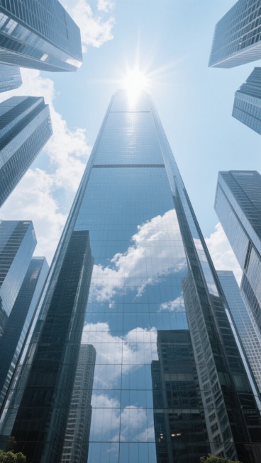 从下往上仰拍视角的现代城市高楼建筑群，画面中央是一栋高耸入云的玻璃幕墙摩天大楼，其表面清晰反射着天空的云朵和周围建筑的轮廓，左右两侧分布着多栋形态各异的高层建筑，整体呈现出向上汇聚的视觉张力。画面采用干净通透的写实风格，主色调为蓝灰色调，天空部分为淡蓝色并点缀少量白色云朵，阳光从画面顶部中央位置照射下来，形成明亮的高光区域，光线透过云层洒在建筑表面，产生清晰的明暗对比和细腻的光影过渡，玻璃材质……预览效果