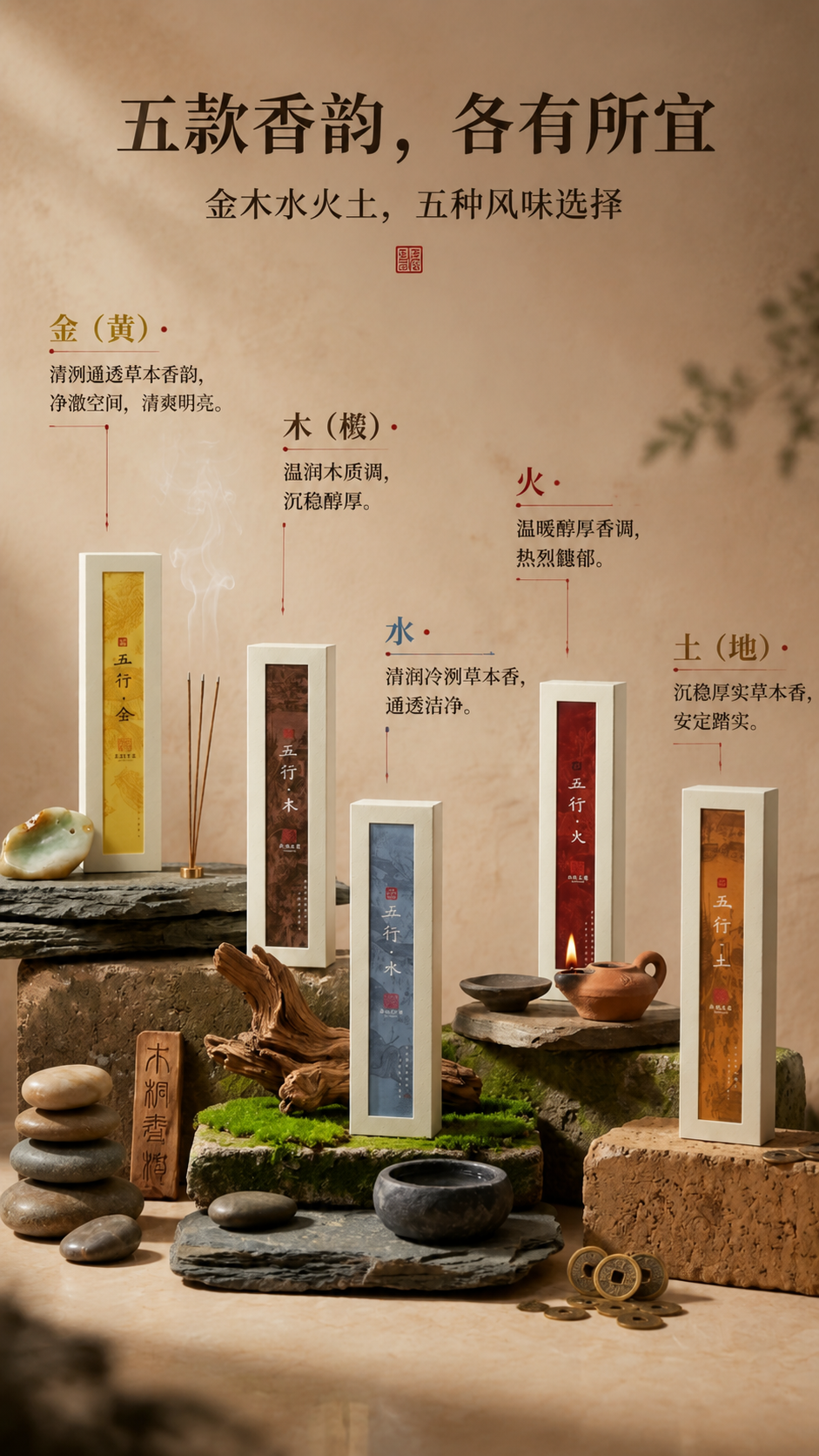 [商品] 使用【图2】五行线香五款错落陈列图；保留金木水火土五… - 图片创意预览