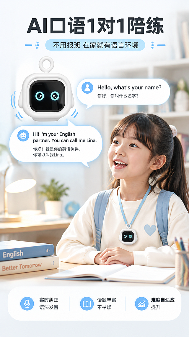 [商品] 使用【图1】白色方形带挂环AI口语陪练机；保留产品方形圆角轮廓、白色硅胶外壳、顶部挂环、正面黑色屏幕及青色圆形眼睛表情、两侧小耳朵造型；产品清晰完整。
[画面] 第4张·口语陪练功能深度页，目标展示AI 1对1口语陪练核心价值。竖版9:16构图，左上图产品，右下图亚洲小女孩佩戴挂绳使用产品对话的场景，产品挂在胸前。中间有对话气泡从产品飘出，显示中英文对话内容。背景为明亮的书房场景，书桌、书本、台灯虚化处理。产品占画面35%，人物占画面40%。
[视觉] 套系策略：风格=国内电商数码教育风，温馨明亮+科技感；标题字=粗黑体大号；正文字=简洁无衬线体；主色=纯净白+浅灰；背景延展=基于白色做浅灰渐变、柔和光晕和学习场景虚化；强调色=清新浅蓝，仅用于小面积图标、引线、标签和光效；标题色=深炭黑；正文色=中灰；组件=圆角白底信息卡、细线引线、蓝色胶囊标签；光影=左前侧暖柔光。
[文字] 顶部主标题"AI口语1对1陪练"，副标题"不用报班 在家就有语言环境"。对话气泡示例：孩子说"Hello, what's your name?"，AI回复"Hi! I'm your English partner. You can call me Lina."。底部3个小卖点："实时纠正语法发音""话题丰富不枯燥""难度自适应提升"。
[规格] 图片比例9:16竖版，4K，避免变形、错字、文字过小、冷蓝主背景、产品颜色改变、结构失真、极限词。
