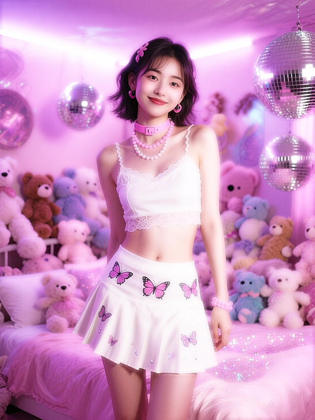 Y2K美学，女孩穿着白色蕾丝边露脐上衣和迷你百褶裙，裙子上有蝴蝶和闪亮亮片图案，戴着粉色choker和塑料串珠手链，背景是布满毛绒玩具和迪斯科球的卧室，梦幻粉色和紫色灯光，俏皮表情。