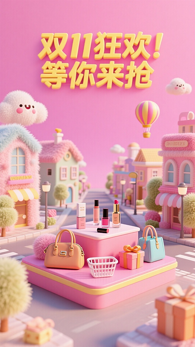 软3D风微缩艺术场景，毛发生长质感建筑与卡通云朵营造梦幻可爱氛围，搭配甜蜜色系商品，传递双11促销的趣味与欢乐感。