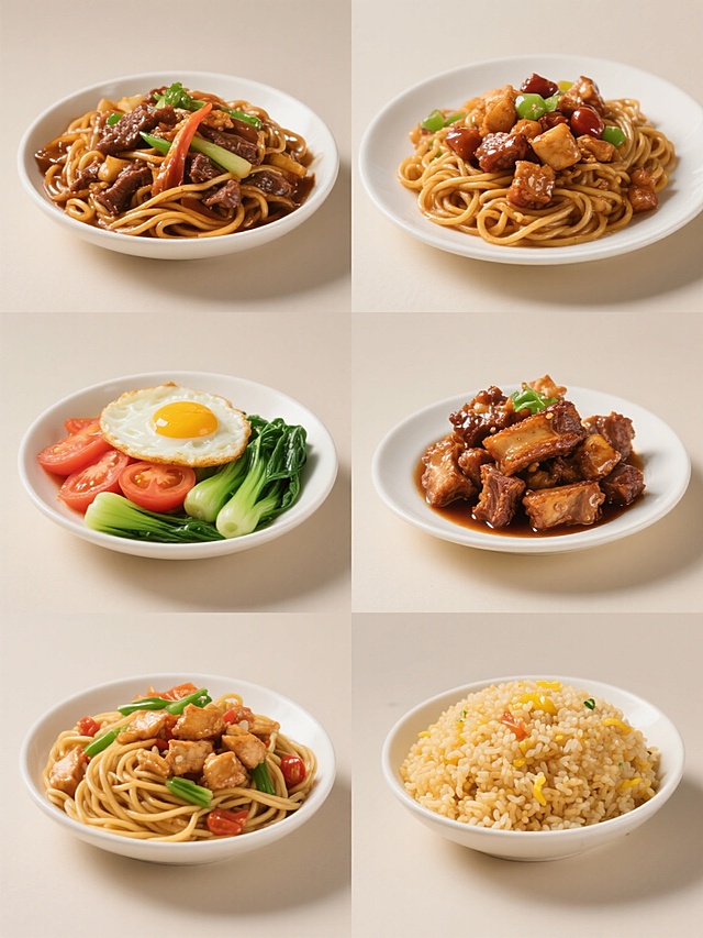 超写实美食摄影，6个规整排布的中餐美食素材，分别呈现不同食材搭配的热气腾腾美食，如一份根根分明、包裹浓郁酱油色泽且点缀各色食材的牛肉炒面，一份色泽诱人的宫保鸡丁，一份鲜香的番茄炒蛋，一份翠绿清爽的清炒时蔬，一份色泽红亮的红烧排骨，一份颗粒饱满的炒饭，金黄面条、鲜嫩鸡丁、鲜艳番茄与蛋液、翠绿时蔬、红亮排骨、金黄米饭等食材丰富饱满，面条有弹性、食材纹理细节高清晰展现，柔和光线从上方打亮，纯色背景干净简洁，突出各美食主体，令人垂涎欲滴的中式传统美食系列。