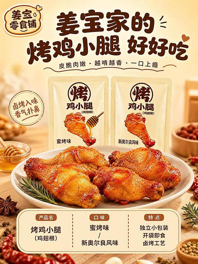 [淘宝-姜宝零食铺-详情图1] 品牌产品介绍，暖棕调亲切风格。姜宝零食铺差异化风格：暖棕+奶黄主色调，圆润可爱字体，温馨家常感。左上角姜宝零食铺文字标识。上方大标题，中间一盘诱人烤鸡小腿和两袋蜜烤味、新奥尔良味包装袋并立。下方产品简介区域。背景暖奶黄渐变，底部香料装饰。产品占约50%。暖光温馨有食欲。背景奶黄色，标题深棕圆润字。顶部大标题"姜宝家的烤鸡小腿 好好吃"圆润字体。产品名：烤鸡小腿（鸡翅根）。口味：蜜烤味 / 新奥尔良风味。特点：独立小包装 开袋即食 卤烤工艺。3:4竖版详情页，文字清晰，排版整洁。无水印无平台Logo，无违禁词。负向：变形、错字、模糊、杂乱。