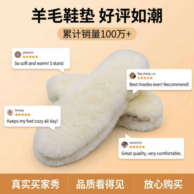 我的产品是羊毛绒鞋垫，帮我做10张拼多多主图预览效果