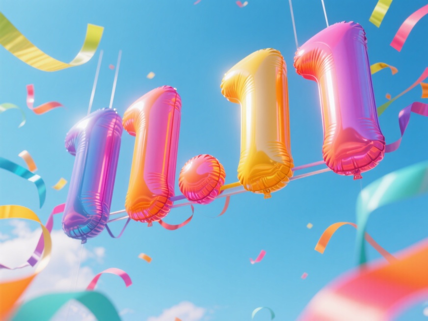 “11.11”的充气大字，促销感，在天空上，彩带预览效果