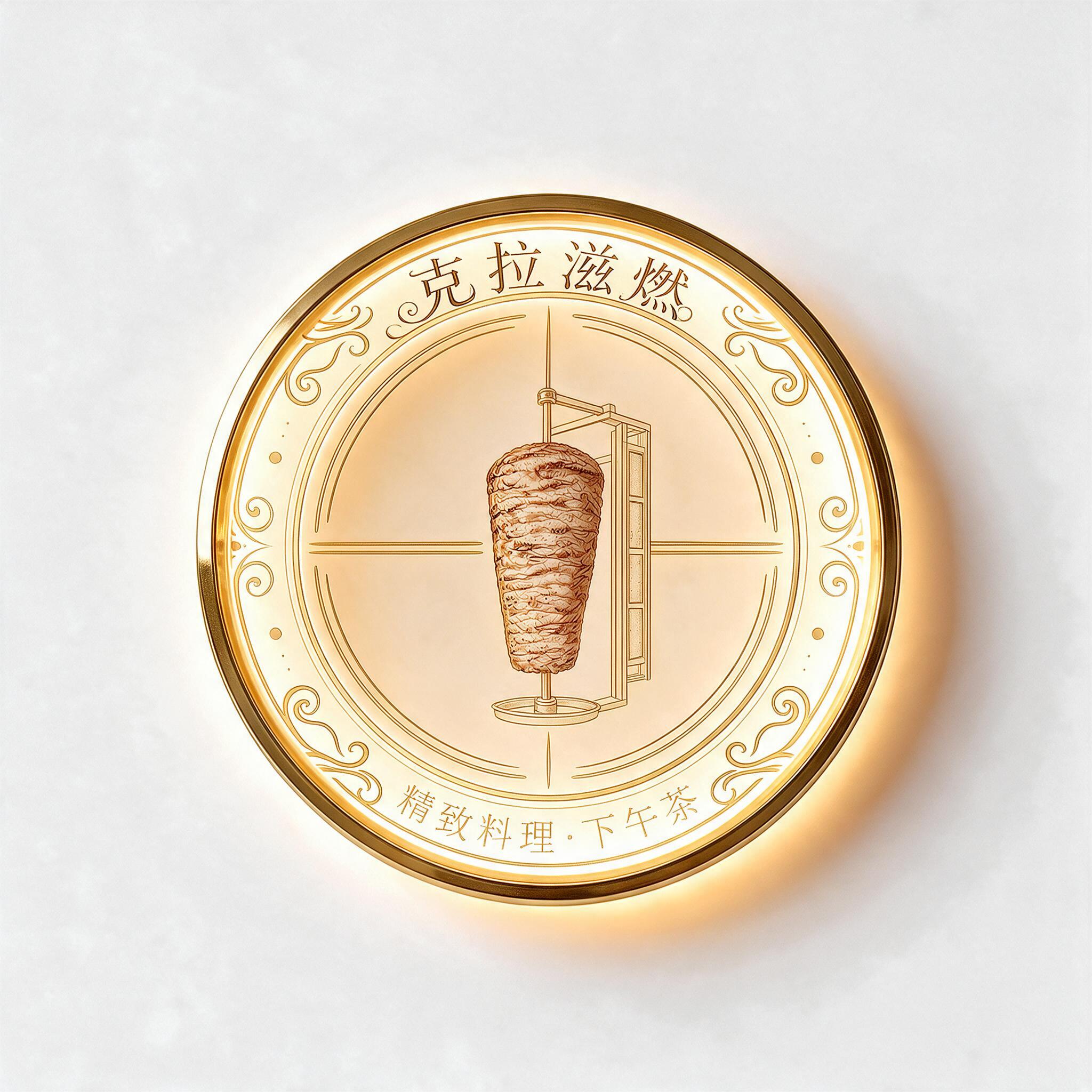 保持这个圆形灯箱的整体造型、发光效果、烤肉柱图案、炼乳色底色全… - 图片创意预览