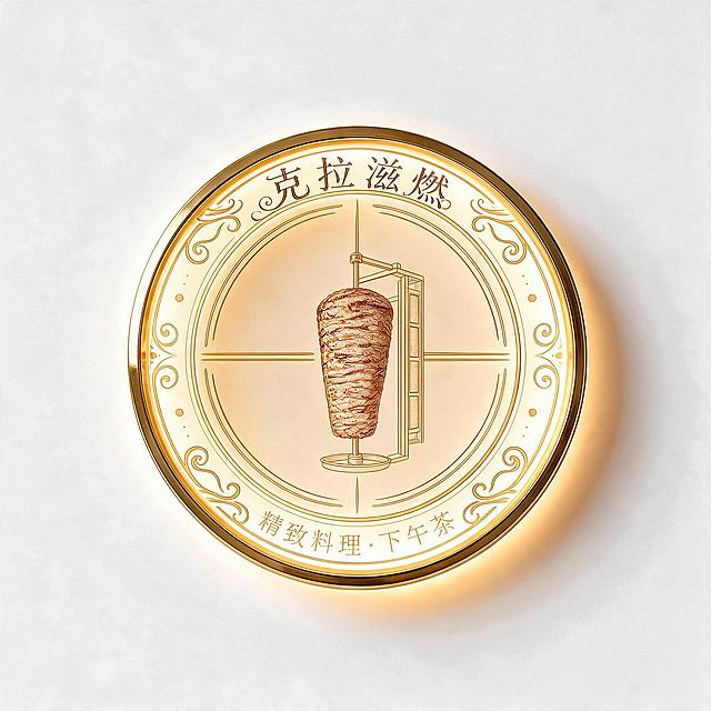 保持这个圆形灯箱的整体造型、发光效果、烤肉柱图案、炼乳色底色全部不变。只将"克拉滋燃"和"精致料理·下午茶"的字体做得更华丽：换成更精致的法式装饰衬线字体，笔画有优雅的花体装饰细节，衬线卷曲优美，类似高级珠宝品牌的华丽字体，古铜金色，细腻有光泽，华丽但不浮夸，精致奢华有辨识度。字体大小和位置保持不变。其余所有元素不动。