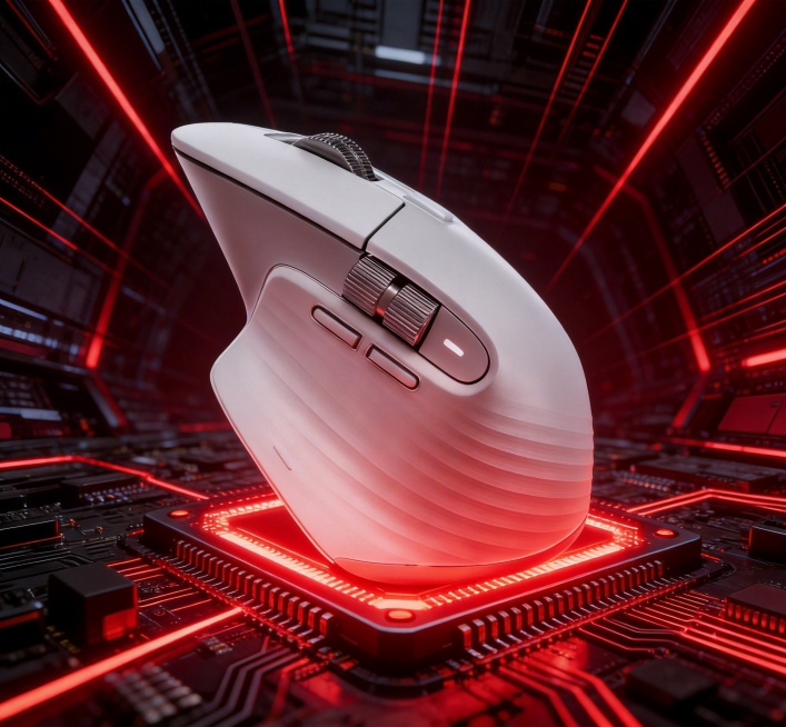 主体为一只简鼠标，放置在发光的电脑芯片之上；场景设定为充满科技感的深色电路板空间，芯片和电路板透出强烈的红色科技光效；风格参考为高端电竞产品宣传图，兼具未来感与科技质感；色调以深邃黑为底色，搭配醒目的预览效果