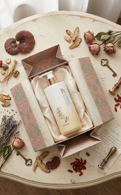 浪漫复古商业摄影风格，粉绿撞色柔和复古色调，俯视中景视角，散落式温馨陈列构图，视觉重心聚焦于纸质礼盒内的灵芝净洁洗发水，主体占比25%预览效果