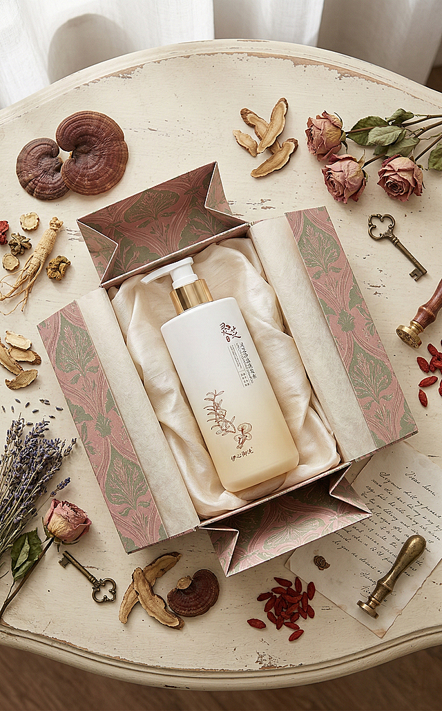 浪漫复古商业摄影风格，粉绿撞色柔和复古色调，俯视中景视角，散落式温馨陈列构图，视觉重心聚焦于纸质礼盒内的灵芝净洁洗发水，主体占比25%