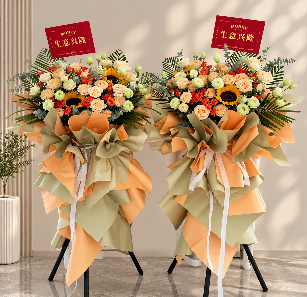 保留图1中两个花篮的现有花材、包装和整体结构完全不变，在两个花… - 图片创意预览