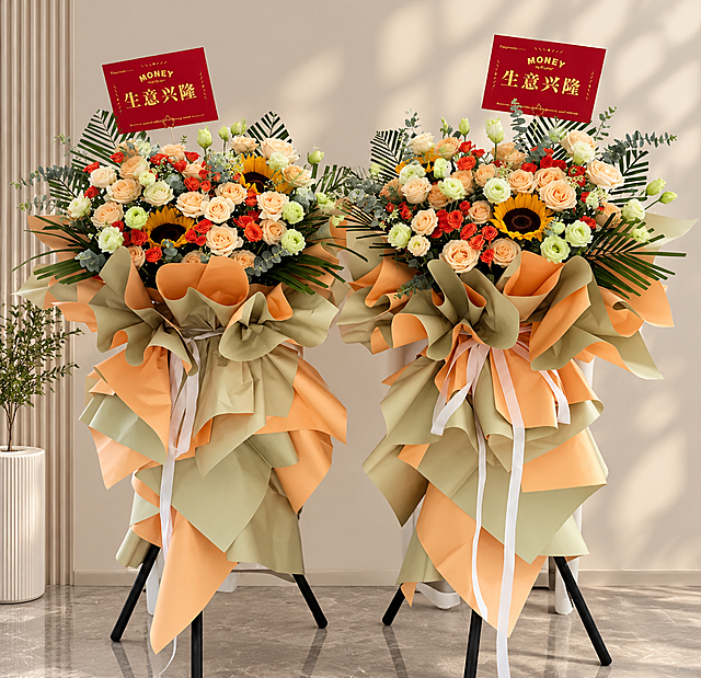 保留图1中两个花篮的现有花材、包装和整体结构完全不变，在两个花篮中分别添加几支图2中的绿色洋桔梗（绿桔梗），让花束更饱满自然，更换为简洁优雅的新背景，真实摄影风格，高清质感