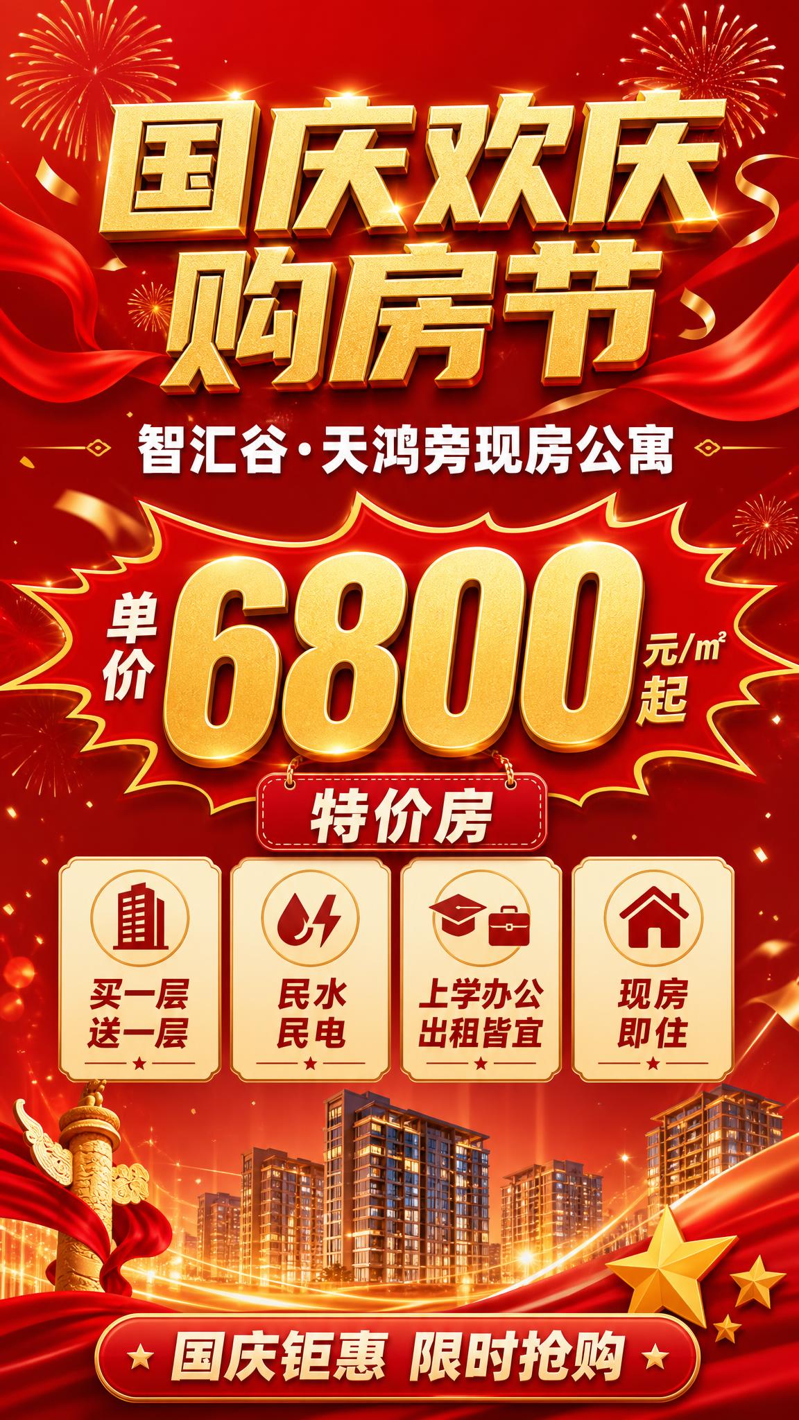 一张竖版房地产国庆购房节促销海报，9:16比例，红金喜庆大气风… - 图片创意预览