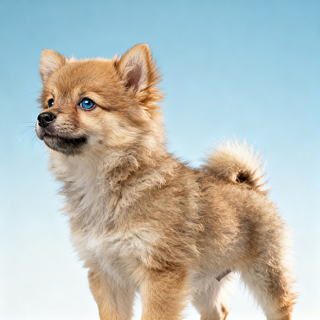 一只帅气的小奶狗，毛发蓬松柔软，眼神灵动明亮，姿态自信挺拔，画面清新治愈