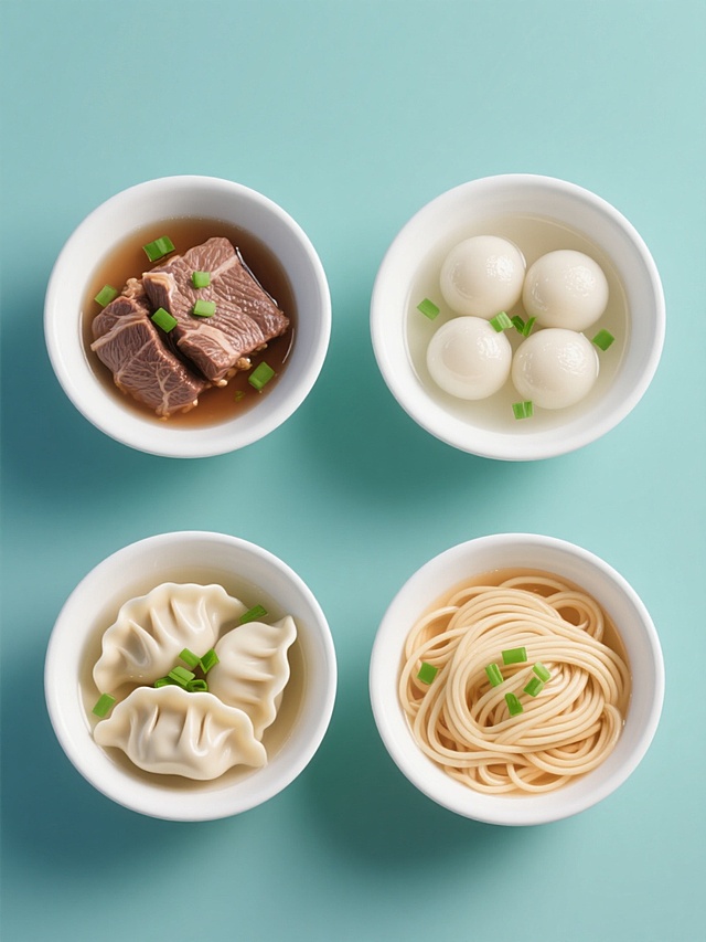 软3D风格美食系列海报，纯色背景，四个规整排布的白色瓷碗分别盛装水饺、牛肉、汤圆、面汤，饺子形态饱满、褶皱清晰，牛肉纹理分明、色泽诱人，汤圆圆润光滑、漂浮于汤中，面汤清澈、面条舒展，每个碗中食物细节丰富，汤汁清澈透亮，点缀翠绿新鲜葱花，整体采用变换的明快色彩，保持统一的软3D质感和柔和光影效果，高光细腻，阴影自然，视觉层次分明，信息传达高效，适合美食宣传，设计感十足。