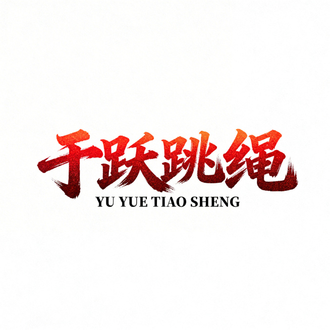 设计带有磨砂质感的红色渐变书法艺术字体“于跃跳绳”，字体笔触苍劲有力，在字体下方居中放置对应黑色拼音“YU YUE TIAO SHENG”，纯色干净背景，整体风格大气稳重预览效果