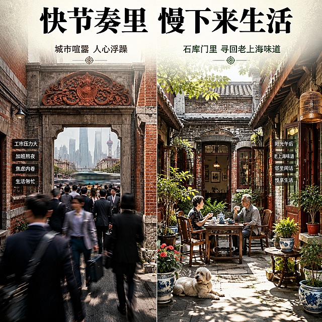 [主图-2] 石库门内部天井庭院，痛点与目标场景，激发兴趣
[氛围风格] 市井生活烟火气，老上海悠闲氛围
[画质] 商业摄影质感，光线自然通透，空间层次清晰，细节真实高级
[元素] 石库门典型的天井式庭院，四周青砖红瓦围合，中心小天井摆放木质桌椅和青花瓷盆绿植，阳光从天顶倾泻而下，光影斑驳。左右分栏构图，左侧展示现代都市人生活节奏快压力大，右侧展示石库门庭院悠闲慢生活，形成对比。画面整体风格统一红砖灰瓦保持一致
[光影] 顶光自然光，明暗交错，天井光影斑驳，营造悠闲治愈氛围感
[配色] 主色调红砖青灰，搭配木质棕和绿植绿，自然复古
[视角构图] 天井俯视平视结合，左右分栏清晰，前景庭院主体，背景墙面延伸，景深自然
[文字版式] 顶部大标题“快节奏里 慢下来生活”黑色粗体居中，左侧小字“城市喧嚣 人心浮躁”右侧小字“石库门里 寻回老上海味道”，文字放在分栏背景上，不遮挡主体场景，清晰可读
[输出要求] 1:1比例，文字清晰可辨，超高清商业摄影质感
[负向提示词] 变形，文字错乱，建筑模糊，背景杂乱，水印，电商平台Logo