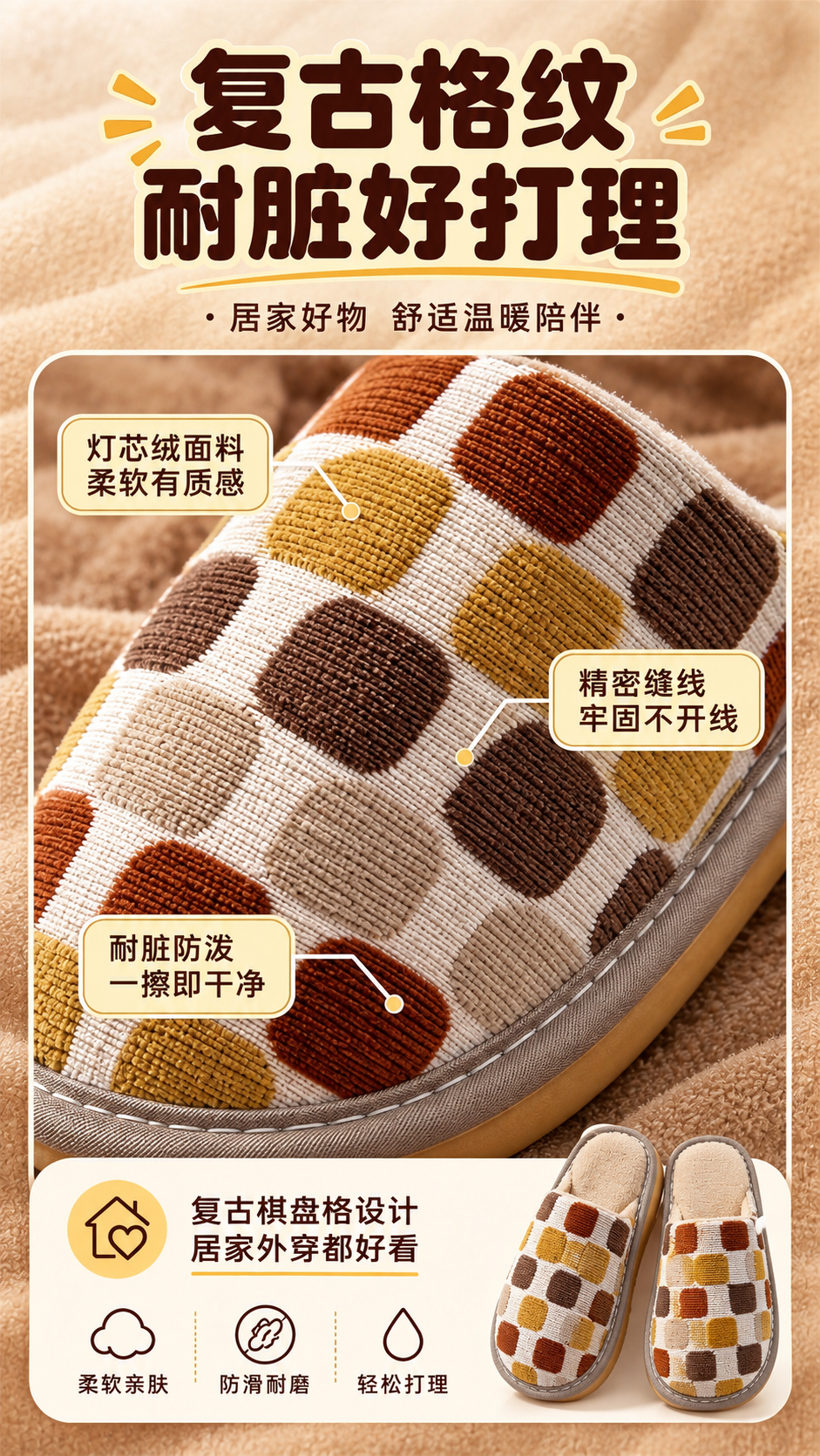 [商品] 使用【图3】棕黄格纹棉拖鞋面料特写；保留灯芯绒格纹面… - 图片创意预览