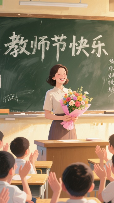 教室里，黑板上写着 “教师节快乐” ，一位笑容灿烂的女教师捧着粉色包装的一束花站在讲台上面对学生，学生鼓掌，暖黄色光影，正视，画面重心居下预览效果