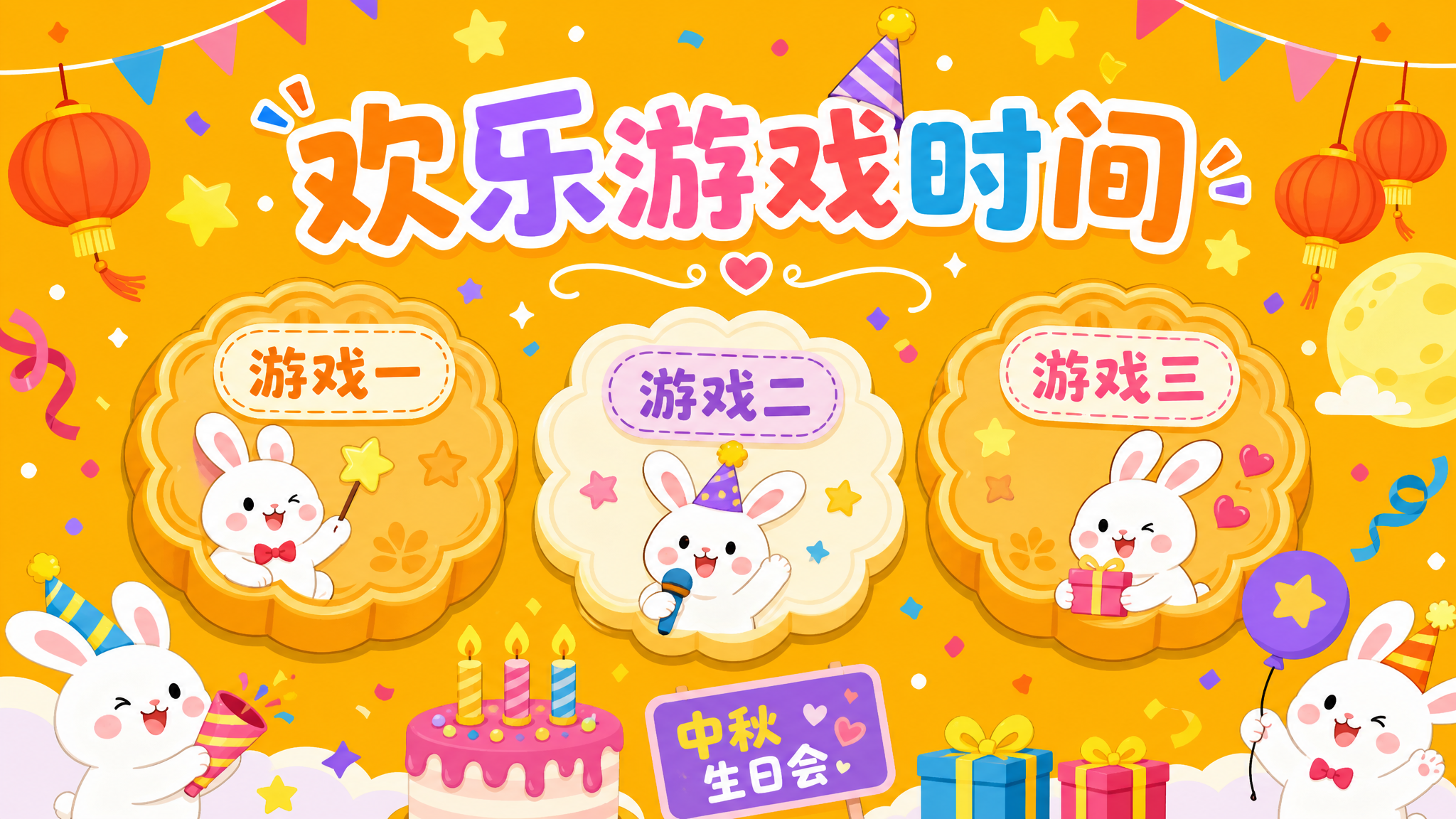 PPT游戏互动环节页设计，活泼可爱风格，中秋生日会主题。页面顶… - 图片创意预览