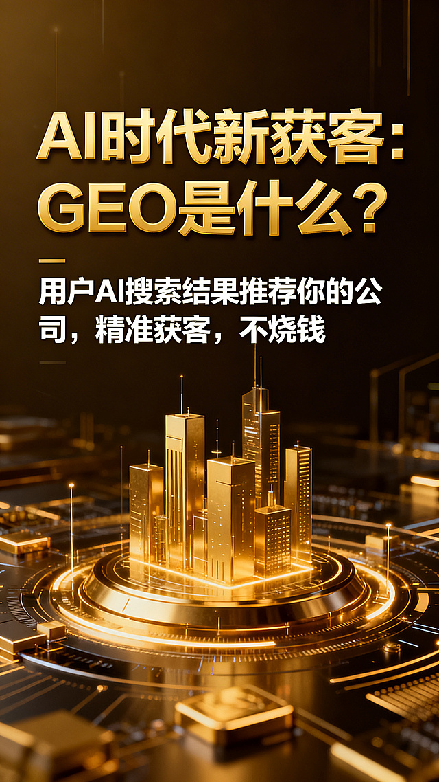 商机干货海报，金色科技背景，大号标题文字"AI时代新获客：GEO是什么？"，下方要点文字"用户AI搜索结果推荐你的公司，精准获客，不烧钱"，字体醒目大气，商务营销风格