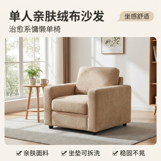 [主图 1] 单人绒布沙发温馨家居场景首图
[氛围/风格] 温馨舒适家居治愈风，暖调自然光，慵懒午后氛围感
[画面元素] 原图中的车厘子测量卡替换为单人绒布沙发，放置在现代简约客厅空间，搭配浅灰色地毯预览效果