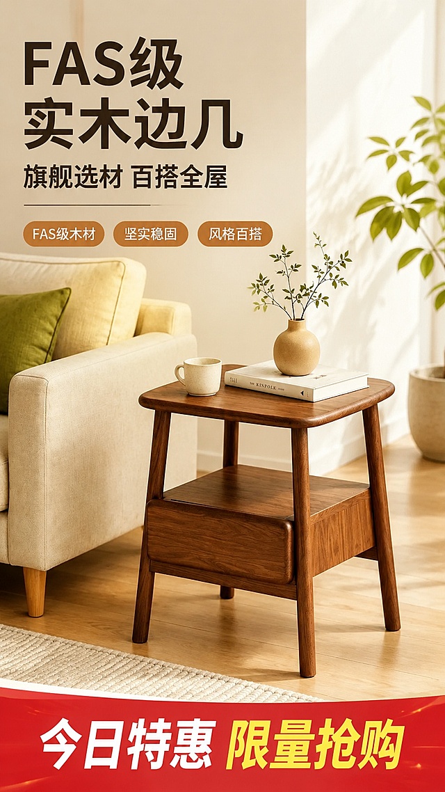 [第1屏] 详情页头图-实木边几（胡桃木色）客厅场景主视觉海报。本屏使用【图1】作为商品主体。
[氛围/风格] 温馨原木风，暖调自然光，拼多多高信息密度大字报风格，商业摄影质感，突出性价比与品质感。
[元素布局] 胡桃木色实木边几置于画面右侧中部，占比约55%，边几上摆放陶瓷花瓶与绿植、书籍与马克杯，还原生活场景；左侧为米白色布艺沙发一角，背景为暖米色墙面与木地板；产品物理结构、双层带抽屉、圆角设计、实木腿与输入图1完全一致。
[光影质感] 左上方午后柔光，右侧自然投影，木纹质感清晰，整体温暖通透。
[配色色系] 全局底色 #F5EFE6（米杏色）；主色胡桃木棕 #8B5A2B；辅助色米白、浅绿点缀。
[视角构图] 45°斜侧视角，浅景深，阅读动线左上标题 → 右侧产品 → 底部卖点条。
[文字版式] 左上大标题区：主标题「FAS级实木边几」，副标题「旗舰选材 百搭全屋」，加粗黑体；下方3个胶囊卖点「FAS级木材」「坚实稳固」「风格百搭」；底部通栏红色促销条「今日特惠 限量抢购」；文字不遮挡产品主体。
[比例分辨率] 9:16 竖版比例，1K分辨率，文字清晰可辨，高清画质。
[负向提示词] 产品变形，缺件错件，颜色偏差，水印，文字错乱，产品图模糊，背景杂乱，极限词。