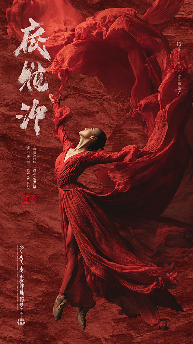 舞蹈摄影风格海报，9:16。一位舞者挥动长达数十米的正红色丝绸，丝绸在高速动态中，于空中定格成一匹奔腾骏马的瞬间轮廓。光影在丝绸上形成华丽的高光与褶皱。背景是带有肌理感的暗红色墙面。
文字设计： 书法标题“舞动新程”的墨迹具有飞白和拖尾的动感，与红绸的轨迹交织。印章“丙午”盖在标题落款处。