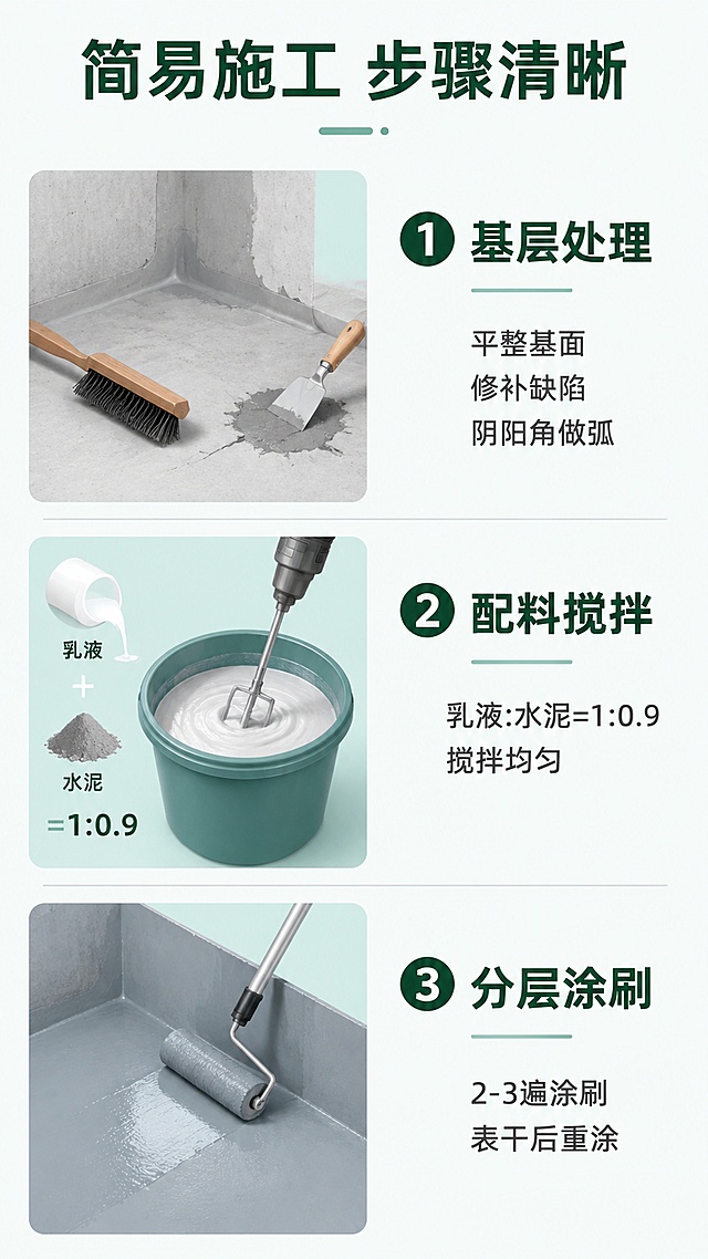 [第6屏] 使用方法页-(高柔韧型)HB聚合物水泥防水涂料涂刷施工步骤演示。本屏不使用产品包装图，为步骤演示屏。
[氛围/风格] 步骤清晰演示，通俗易懂，适合业主和施工人员阅读。
[元素布局] 顶部主标题，分三步从上到下排列，每步配小示意图加文字说明，每步之间用浅灰色分隔线分开，整体清爽不拥挤。
[光影质感] 均匀柔和照明，示意图清晰，文字易读。
[配色色系] 全局底色 #F0F5F0，步骤标题深绿色，正文深灰色，示意图浅蓝绿色块衬托。
[视角构图] 竖版从上到下分步排列，一步一个信息块，移动端逐屏浏览清晰。
[文字版式] 顶部主标题「简易施工 步骤清晰」，步骤一：「基层处理」说明「平整基面 修补缺陷 阴阳角做弧」，步骤二：「配料搅拌」说明「乳液:水泥=1:0.9 搅拌均匀」，步骤三：「分层涂刷」说明「2-3遍涂刷 表干后重涂」，每个步骤标题加粗，文字大小适中清晰。
[比例分辨率] 9:16 竖版比例，4K 分辨率，文字清晰可辨，高清画质。
[负向提示词] 步骤错乱，文字错乱，文字过小，示意图模糊。