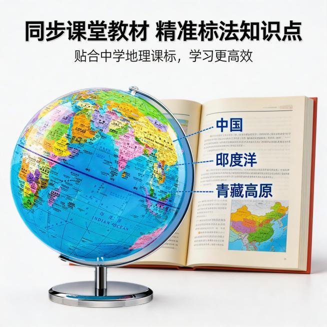 地球仪同步教材卖点展示，打开的中学地理教材放在地球仪旁，地球仪的知识点标注和教材内容一一对应，用虚线连接对应点位，主标题写"同步课堂教材 精准标注知识点"，副标题写"贴合中学地理课标，学习更高效"，背预览效果