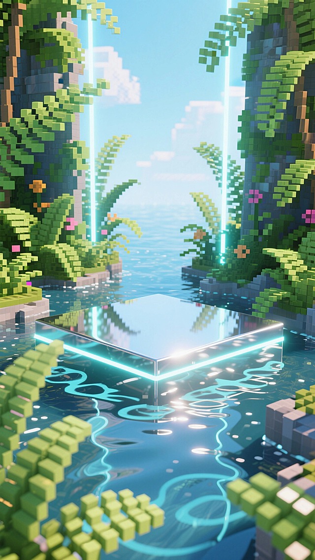 像素世界，像素化绿植和蕨类植物、水波纹镜面，视觉中心有个银色平台，整体趣味明亮氛围，霓虹光感。