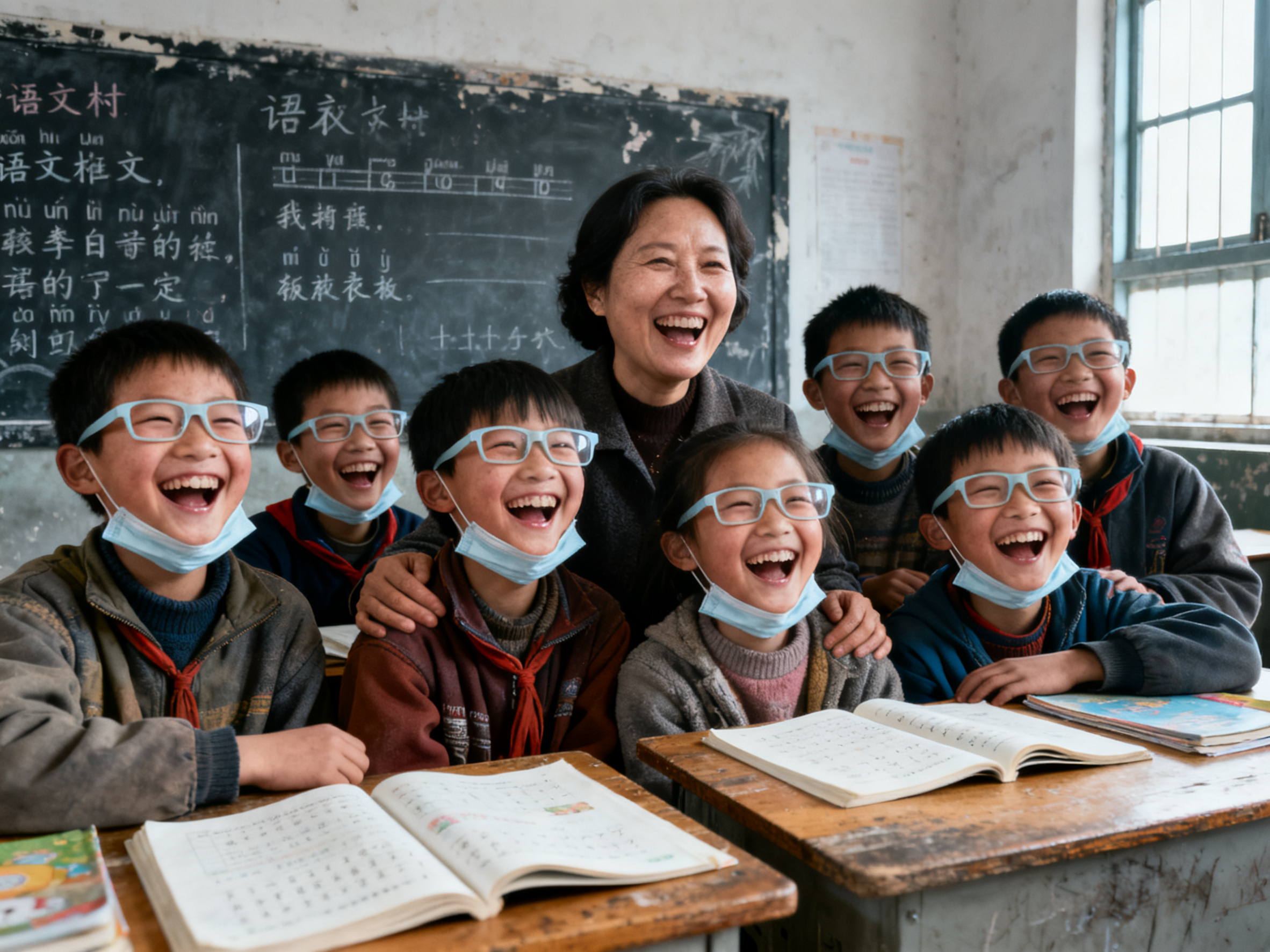 纪实摄影，中国乡村小学教室，一位中年农村女老师，周围围着一群乡… - 图片创意预览
