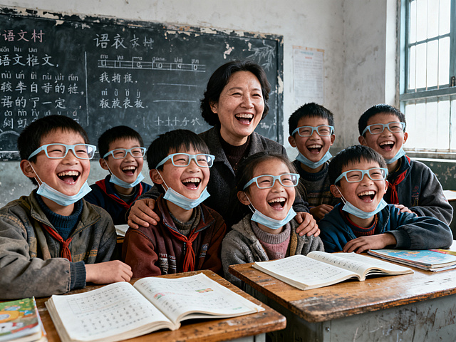 纪实摄影，中国乡村小学教室，一位中年农村女老师，周围围着一群乡村小学生，所有人带着浅色防控眼镜开怀大笑，露出牙齿，笑容真挚灿烂。老旧斑驳黑板，黑板写着语文课文与拼音，粗糙老旧木课桌，散落翻开的课本练习册。孩子们穿着朴素旧款日常秋冬衣服，神态自然生动。自然光从窗户照进教室，明亮柔和，真实生活质感，胶片写实，高清8K，细节丰富，面部皮肤纹理，人文纪实，温暖治愈，抓拍瞬间，无摆拍感