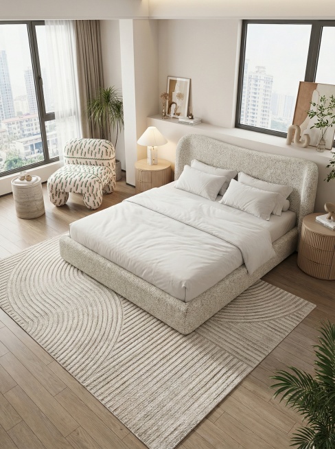 将图中商品，分散摆放在卧室中，图片比例3:4。预览效果