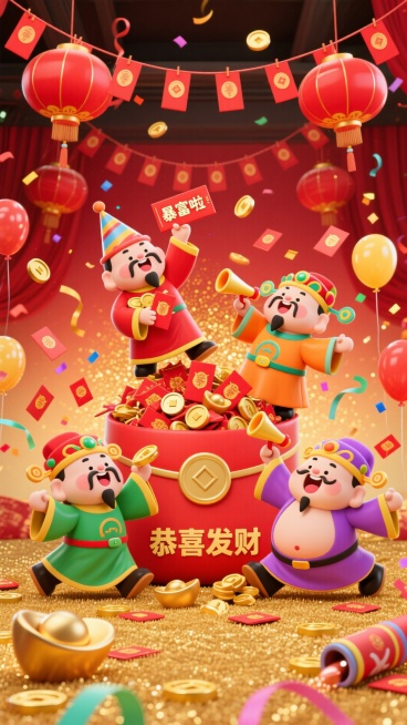 核心载体是挂满红包的卡通派对场景，红色灯笼串悬在上方，地面铺着金色地毯，角落有会吐元宝的卡通礼炮。5 头 Q 版财神穿着不同颜色的卡通长袍（红、橙、黄、绿、紫），围着中间的巨大红包堆狂欢：1 头举着派预览效果