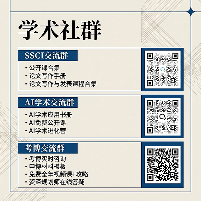 参考原图模板，重新生成简约学术风格海报，包含原海报三个社群（SSCI交流群、AI学术交流群、考博交流群）全部文字内容和对应的三个二维码，风格简约有设计感，专业学术风，1:1尺寸