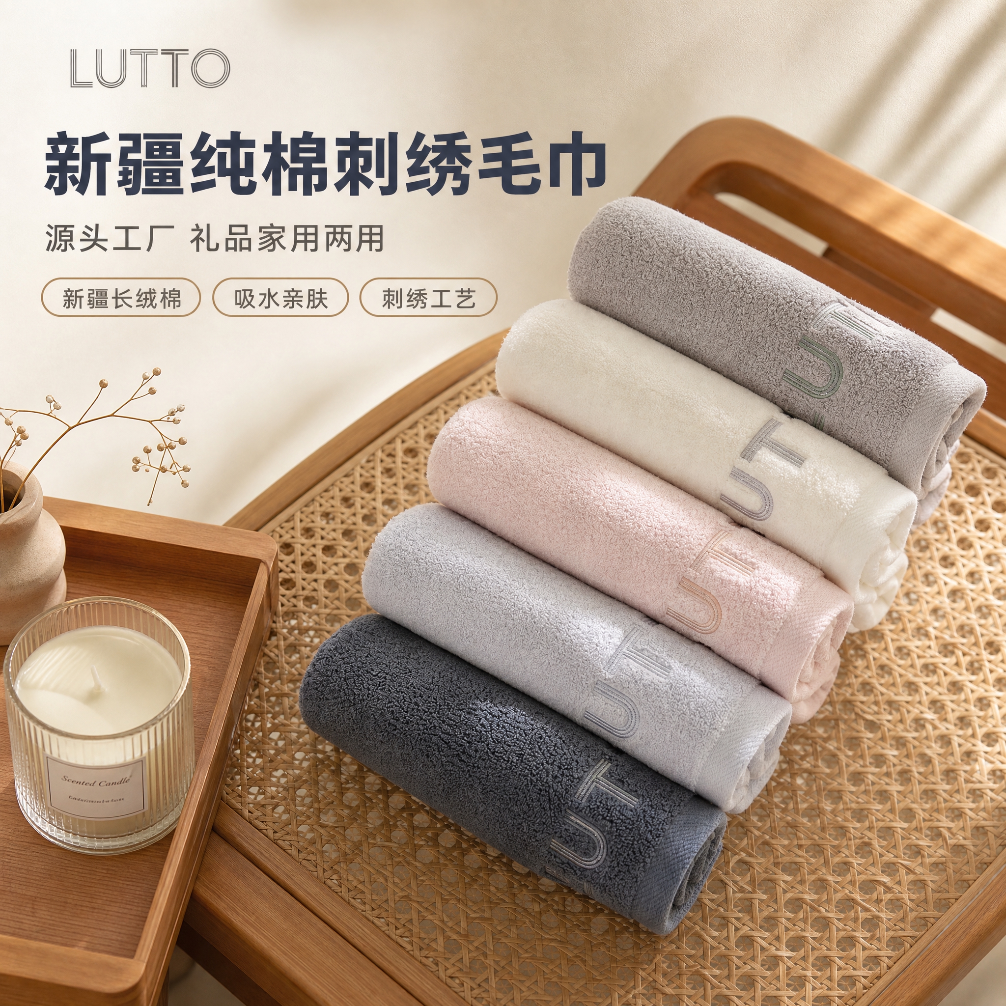 [主图-1] 新疆纯棉刺绣毛巾氛围首图，突出产品整体颜值与多色… - 图片创意预览