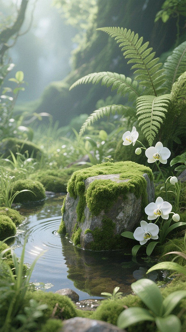 微观生态场景。特写一个绿色苔藓覆盖的矮墩型石块，居中。一小汪清澈小水洼，搭配蕨类植物、白色兰花，周围环绕各类翠绿草本植物；光线柔和自然朦胧，整体清新静谧