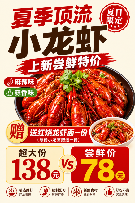 修改小龙虾宣传单，更换纯色浅底色降低背景复杂度，大幅突出文字和活动内容，保持所有原有文案信息：夏季顶流小龙虾上新尝鲜特价，麻辣味蒜香味，赠送红烧龙虾面一份，超大份138元尝鲜价78元，调整后文字清晰醒预览效果