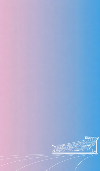 重新生成图片，将图片底部的跑道线条修改为自然流畅的轻微弯曲样式，保持原有粉蓝渐变背景和体育场线稿风格整体不变预览效果