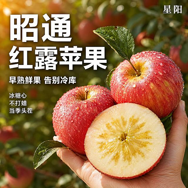 拼多多电商主图 昭通红露冰糖心苹果首图 食欲感爆汁场景。画面右侧一只手捧着三颗带水珠的红露苹果，其中一颗被切开露出明显的冰糖心横截面，糖心透亮呈放射状，果肉乳白细腻，果汁欲滴。苹果表皮红润带条纹斑点，布满细密水珠，新鲜带叶。背景是虚化的苹果园果树与绿叶，阳光透过树叶洒下斑驳光影，自然暖阳逆光，通透有层次。左侧负空间大字文案：主标题"昭通红露苹果"超大号粗黑体 白色带轻微阴影，副标题"早熟鲜果 告别冷库"中号字，底部"冰糖心 不打蜡 当季头茬"三行小一点的字，左对齐排列。右上角小四字号"星阳"两个字。商品主体占比约70%，商业摄影质感，超高清，画面满版无边框，强烈购买欲望，新鲜诱人。1:1比例，文字清晰可读。